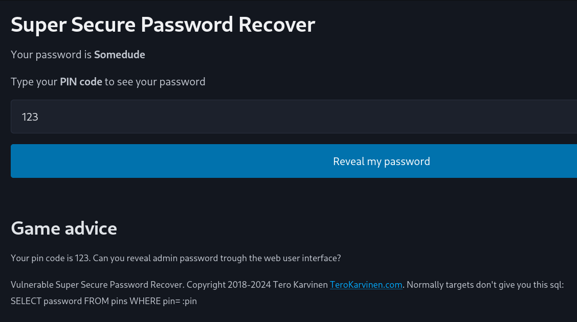 Testaus pin koodilla