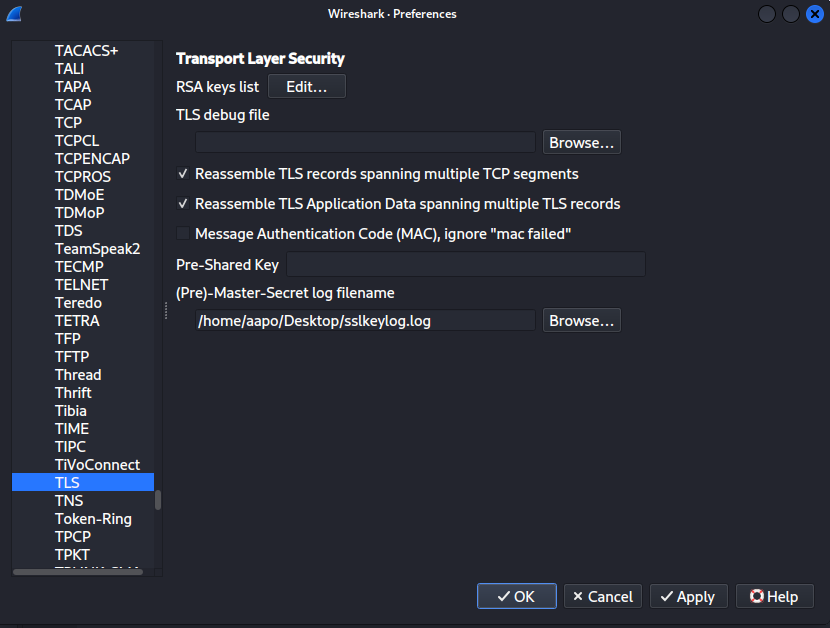 Master secret tiedosto lisättynä wiresharkiin